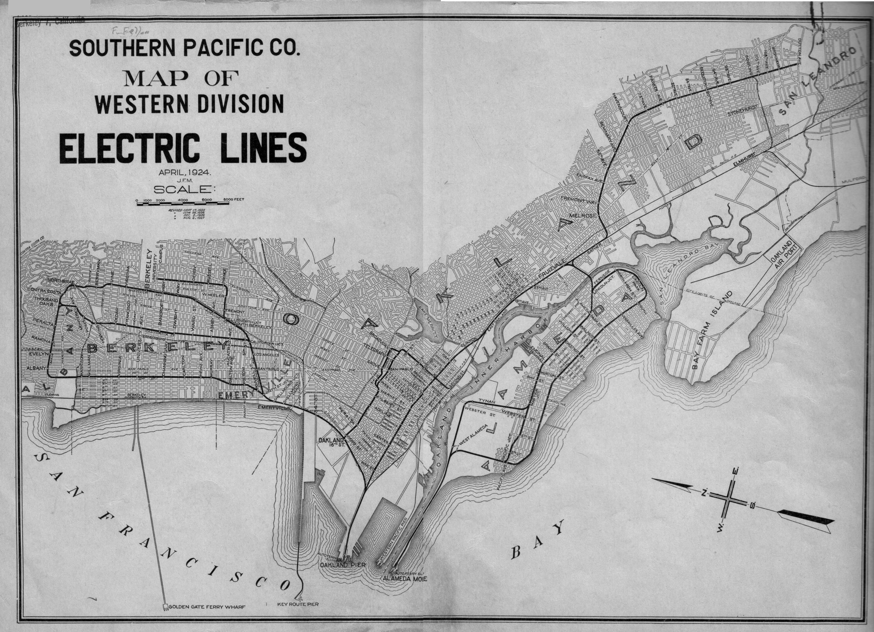 sp_elec
On the back cover of a 1932 SP Western Div Electric Lines employee timetable is this map showing SP's electric service in the East Bay updated to the year 1927. This was about as extensive as that service ever got for in 1933 there were some routes disco
